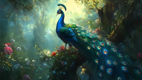 Forest peacock holds court beneath a waterfall of light