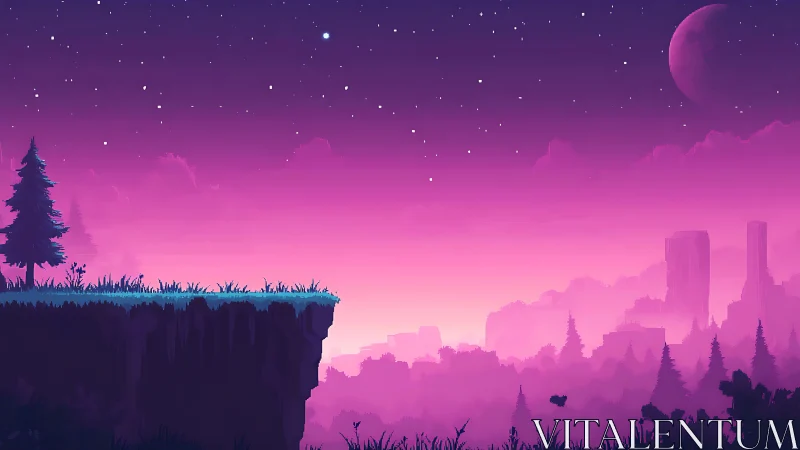 Neon twilight cliff overlooks misty sci fi valley