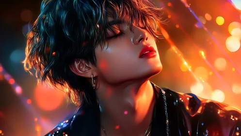 Moody digital portrait of young person in neon light.