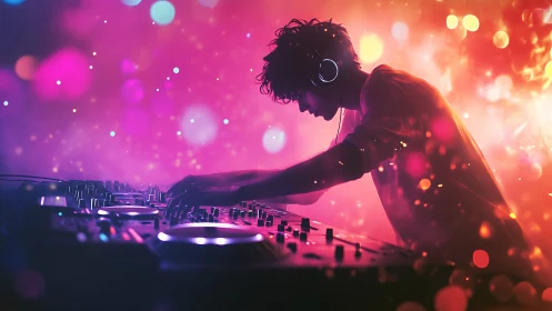 Silhouetted DJ mixing on illuminated console in neon bokeh haze