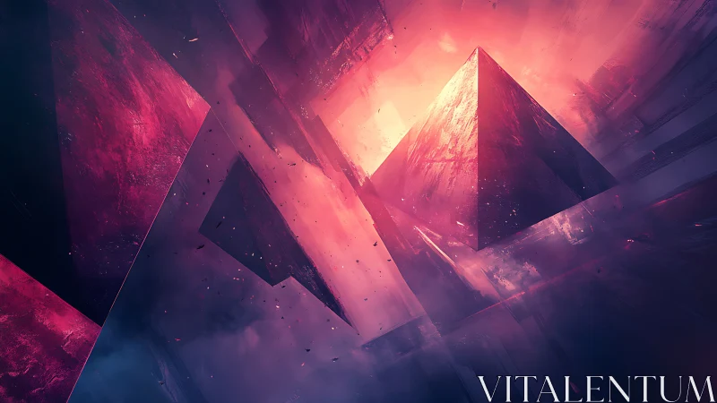 Floating geometric pyramids in glowing nebula space