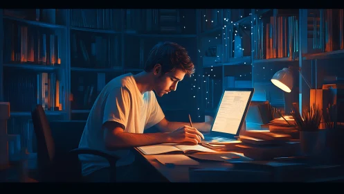 Nocturnal study workstation with bokeh data luminescence.