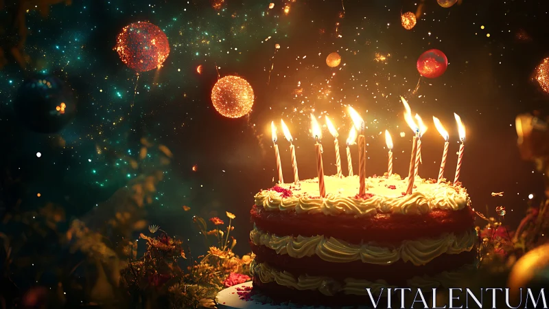 Illuminated Birthday Cake with Glowing Candles and Magical Particle Effects