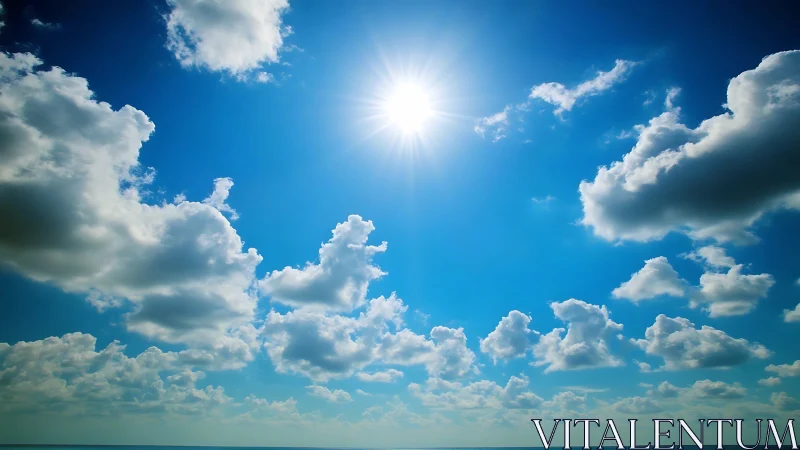 High noon sun radiates above cumulus field over marine horizon