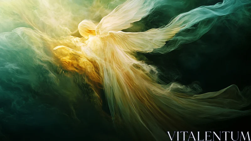 Luminous ethereal angel ascends through deep emerald mist