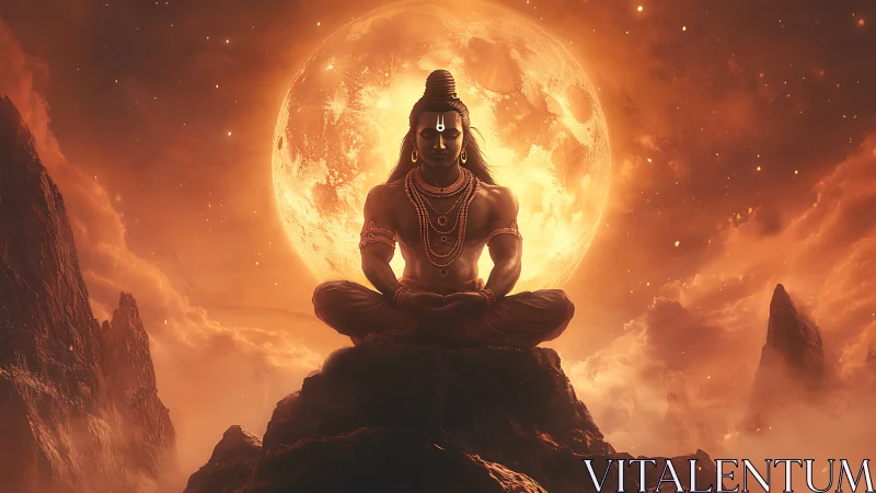 Divine yogic figure silhouetted against hyperreal lunar backlight