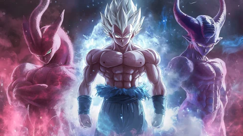 Triad of cosmic warriors ignite stormlit anime standoff