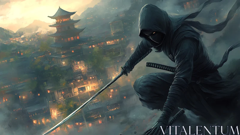 Hooded ninja overlooks lantern‑lit mountain city at dusk.