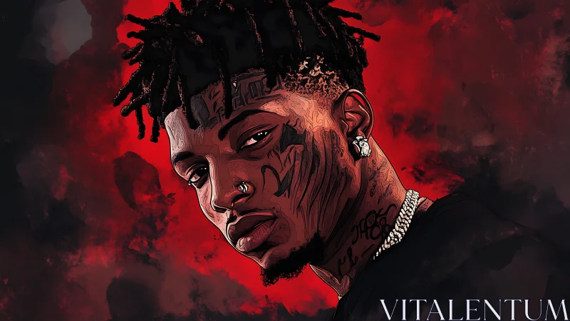 Brooding inked portrait under a smoldering red storm sky.