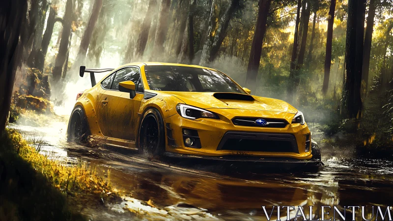 Yellow rally beast car claws through a misty golden forest.