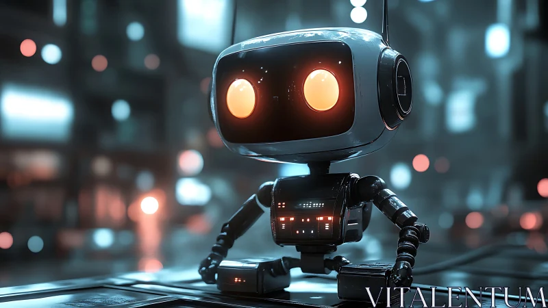 Small patrol robot scans neon city in soft blue haze.