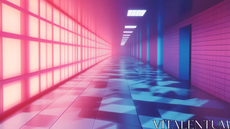Futuristic Neon Hallway with Pink and Blue Lighting, Digital Art Style.