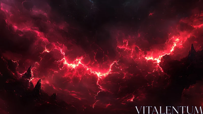 Volcanic red energy clouds over dark jagged landscape.