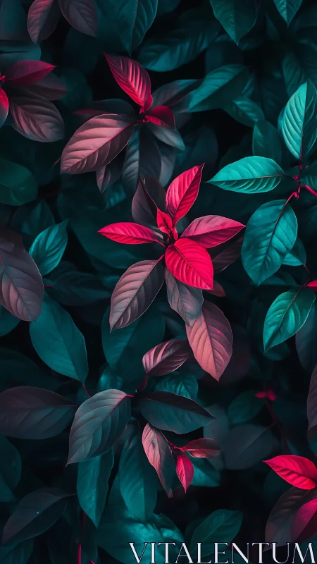 Red-toned foliage among teal leaves in close, vertical view.