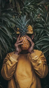 Portrait of obscured face with pineapple in muted jungle tones