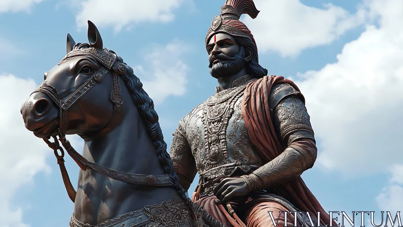 Regal warrior on horseback gazes ahead beneath bright skies