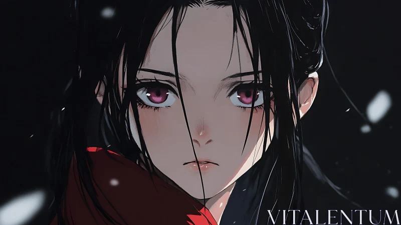 Snowlit anime girl with soft pink eyes and quiet resolve.