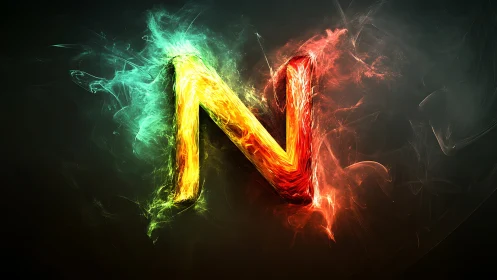 Glowing fiery letter N blazes with neon smoke and energy