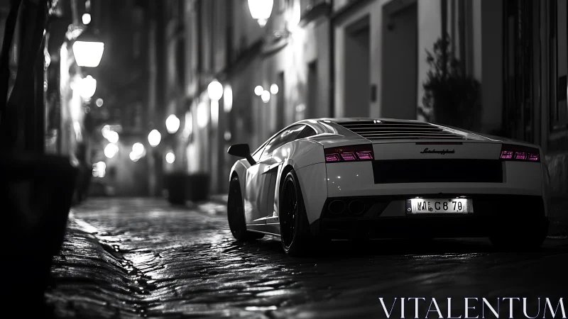 Sleek Lamborghini waits under moody lights on wet city street