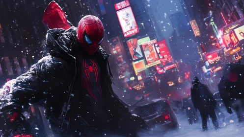 Spider-themed vigilante in snowy neon city street at night.
