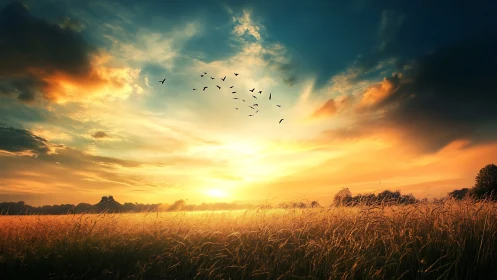 Golden field under vivid sunset sky with flying birds.