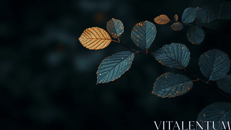 Macro foliage study with dewy bokeh, teal and amber contrast