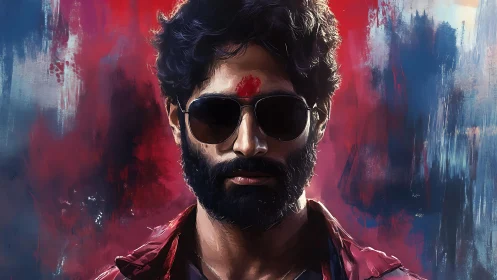 Intense bearded portrait under cinematic red blue lighting.