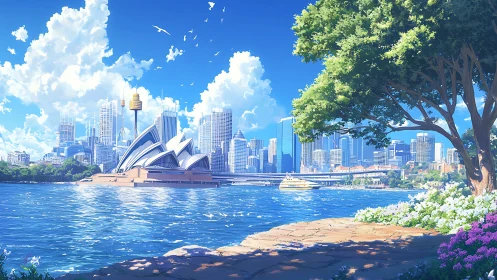 Sydney harbour skyline glows under clear midday summer light