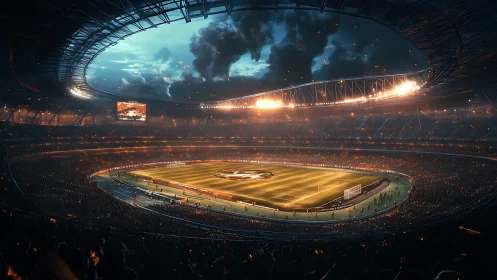 Floodlit football stadium interior shows packed evening crowd