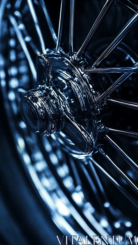 Chromed wire wheel hub in high-contrast optical closeup.