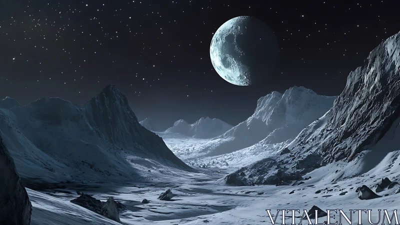 Frozen moonlit valley holds its breath beneath distant world