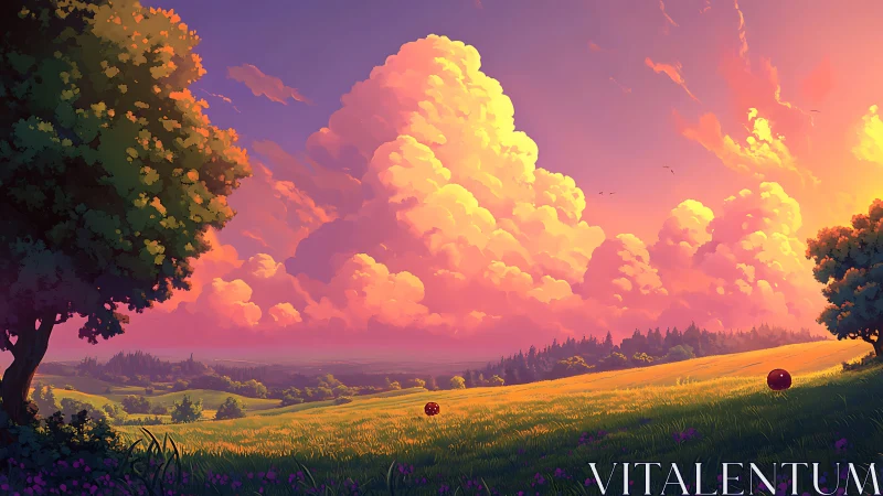 Sunlit rural meadow under dense cumulus cloud formations.