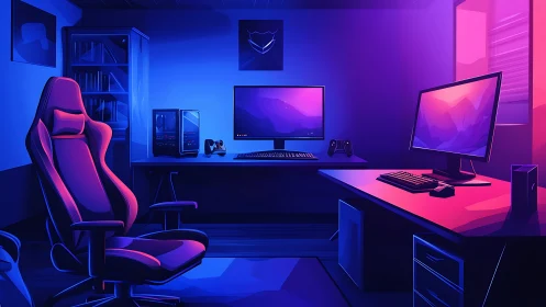 Neon-lit gaming sanctuary with dual screens and bold glow.