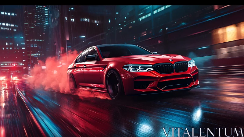 Red sport sedan on wet city street at night in motion.