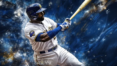 Baseball slugger swings through a cosmic starfield backdrop.