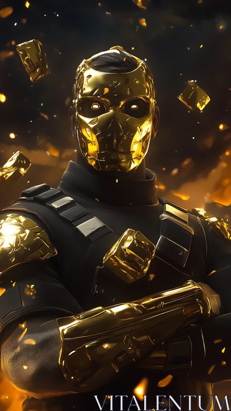 Molten dusk crowns a golden masked warrior in ember storm