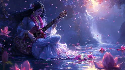 Moonlit goddess plays guitar beside a glowing lotus waterfall