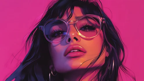 Digital portrait shows bold woman in glasses under neon glow
