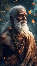 Elderly sage stands in glowing embers and sacred silence.