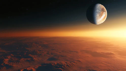 Terminator-lit exoplanet above irradiated desert horizon.