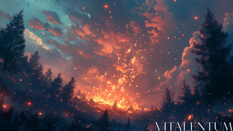 Apocalyptic forest fire with glowing embers and dramatic sky