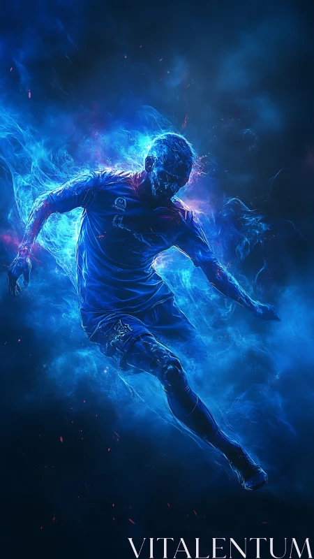 Energetic blue plasma soccer player in dynamic mid-kick pose