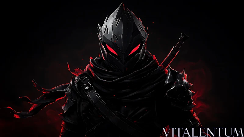 Armored dark figure with red glowing eyes in shadowed space.