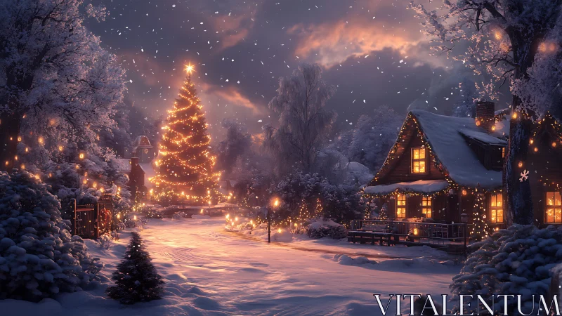 Snowy village Christmas tree glows in a cozy winter twilight