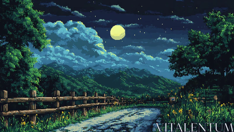 Moonlit pixel road winding through emerald mountain silence.
