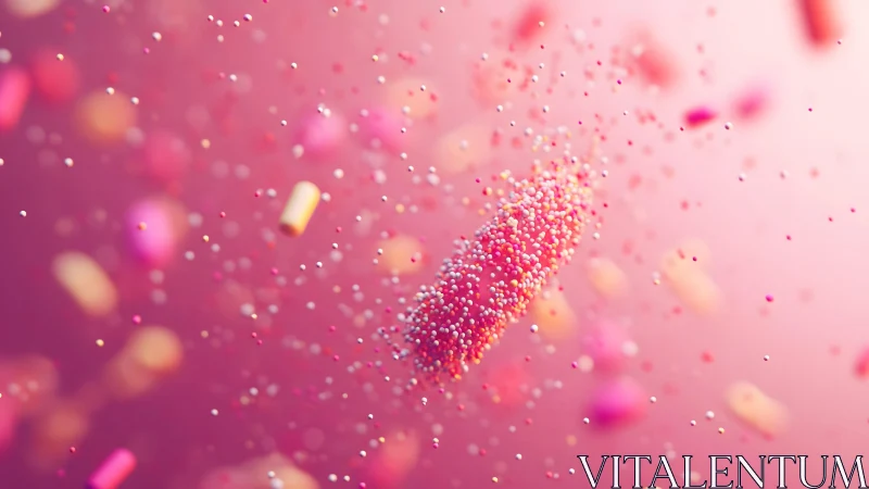 Abstract microbe illustration with floating particles in pink tones.