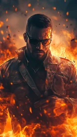 Male figure wearing sunglasses rendered with surrounding fire effect