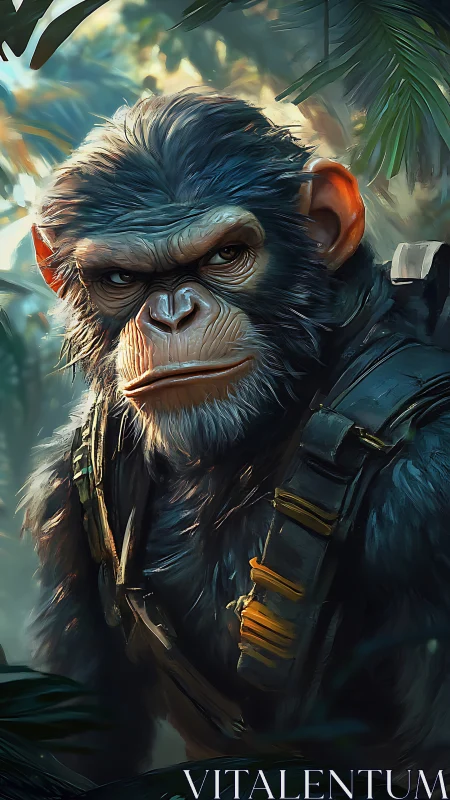 Armored warrior ape stares ahead in a sunlit jungle