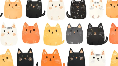 Whimsical Gathering of Round-Bellied Felines in Warm Hues.