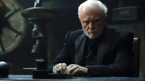 Older man sits at dark table in moody interior setting